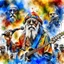 Placeholder: The old hippie, double exposure old hippie's face formed by a band on stage playing a concert, watercolor.