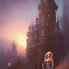 Placeholder: cyberpunk, blonde female bodybuilder, castle fortress by thomas kinkade gerald brom whelan