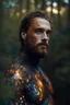 Placeholder: Hiper-realistic Close-up photo, Otherworldly, young beard guy wears soft jelly fluorescent translucent silk Klimt Iris Van Harpen 3D-printed parametric body-paint costume, glowing inside body, arcane atmosphere, Austrian Symbolism, professional photography stormy sunrise river forest, by Marianne Bresaluer