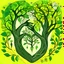 Placeholder: Someone holding his girlfriend's hand to express his love for her with a heart shaped sound hole. The Someone has vines growing from his head with heart shaped flowers growing from the americain brain up into a beautiful tree. only use colours green colour #468c5c, yellow colour #F5C24F, cream colour #f2e5ba, blue colour #0894a7. use an earth psychedelic design. In the background there are beautiful tress and a blue sky with heart shaped clouds