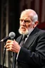 Placeholder: A old man in old boring suit, lookin very angry and bitter, he is holding a microphone and he was a member of an old punk music group before