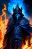 Placeholder: A warrior with a matte black combat helmet and eyes with bright blue flaming pupils, a black cape and a long coat with long combat boots and a long, sharp and fiery spear and with his helmet under A picture of hell with hellish people in tormenthis cape and two blue flames instead of eyes