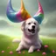Placeholder: dog, with rainbow pink horn, nail polish, in house, with trees, detailed, RTX, fantasy, 8K