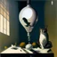 Placeholder: human flesh-like surgical instruments and universe-like neuralink, a cat looking at a pigeon inside a huge bulb between light and shadow at dusk,surrealism,minimalism,Painting By Adrian Ghenie, Rene Magritte, Salvador Dali, Lucian Freud