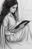 Placeholder: Pencil sketch of Young woman, Arab features,sad, long wavy hair, reading a book, full body، on lined paper