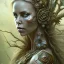 Placeholder: Charlize Theron, woolitize, rusty metal, feathers, Dryad, fae, sidhe, ominous, nature, plants, wildflower, facepaint, dnd character portrait, intricate, oil on canvas, masterpiece, expert, insanely detailed, 4k resolution, retroanime style, cute big circular reflective eyes, cinematic smooth, intricate detail , soft smooth lighting, soft pastel colors, painted Renaissance style