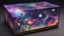 Placeholder: a box 10 cm long by 5 cm wide and 25 cm high, drawn on a box on all sides, space, tress, planets, butterfly nebula, crow galaxies a lot of colours purple, green and red, portal too others galaxy, realistic