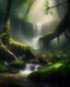 Placeholder: a magical scene of an enchanted forest setting. include waterfall. hyperreal focus on winding smoke patterns, moisture in the air and condensation droplets on the leaves, create a warm atmosphere