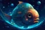 Placeholder: An egg hatches a beautiful alien fish, half out of its shell. The whole picture is a complex starry sky scene, fantasy, abstraction