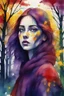 Placeholder: A beautiful colorful young girl in dark red and purple and yellow trees and dark green and dark blue colors only, thin lines draw style , Busch painting style nightmare with sunshine in the middle, watercolors splash