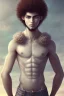 Placeholder: a 50 year old man and a beautiful 12 year old arabic boy with long, curly hair and light blue eyes, not muscular, smiling, shirtless