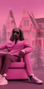 Placeholder: Snoop dogg. a chair. pink houses, pink sky, pink smoke, trees, outdoors.