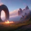 Placeholder: A Epic circular biomechanical fire ring portal, in middle of surreal hills, surrounded with beautiful cloud mist, art by Jordan Grimmer, high level of details