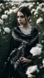 Placeholder: black lace scarf in a field of white roses.cinematic picture