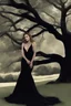 Placeholder: Wednesday in a low-cut black gown standing under a black tree, photorealistic, delicate detail.