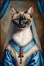 Placeholder: Portrait Renaissance Portrait of a female Siamese cat wearing classic mediveal gown and veil outfit, oil painting texture, piercing blue eyes, texture background