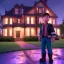 Placeholder: Marty McFly in front of a victorian house at night