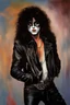 Placeholder: oil painting, text "KISS" - facial portrait with makeup - 20-year-old Paul Stanley with long, wavy curly black 1980's style big hair, wearing a black leather jacket, extremely colorful, multicolored watercolor stained wall in the background - in the art style of Boris Vallejo, Frank Frazetta, Julie bell, Caravaggio, Rembrandt, Michelangelo, Picasso, Gilbert Stuart, Gerald Brom, Thomas Kinkade, Neal Adams - explosions, flames, fog, clouds, dust,