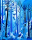Placeholder: A light palish cobalt blue foggy forest with birds designed in Japanese origami painted by Stuart Davis