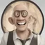 Placeholder: a portrait of smiling man. caricature. black rare hair. light brown skin. black eye pupils. circle eyeglasses, thin gold frame. round face shape. white shirt with black vest. pixar style. 3D. 4k. portrait. highly detailed. sharp focus. high resolution. full color. cinema lighting