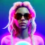 Placeholder: Shakira, artist, 30 years old, Realistic image, waist up portrait, etro style dress. Gucci sunglasses. Blonde, loose long hair, eyes make up, perfect, glow, circle iris. Neon colors, leds, geometric shapes. Dark background. Cyberpunk, concept art, smooth, unreal engine 5, god lights, ray tracing, RTX, lumen lighting, ultra detail, volumetric lighting, 3d, finely drawn, high definition, 4k.