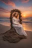 Placeholder: A hyper-realistic,detailed A surrealist Madonna-inspired beachscape, with a vibrant sunset and a mysterious sea. Photo Real, HOF, full size, practicality,manufacturability,performance, (((realism, realistic, realphoto, photography, portrait, , realistic, beautiful, elegant, charming, apocalyptic environment, professional photographer, captured with professional DSLR camera,trending on Artstation, 64k, ultra detailed, ultra accurate detailed, bokeh lighting, surrealism, Thomas Kinkade background,