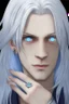 Placeholder: Realistic young man, long white hair covering one eye, blue eye, has rings on his hand, pale skin, slim bit fit