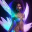 Placeholder: full body shot, masterpiece, best quality, black skinned, sparkling eyes, long hair, gorgeous African Fairy queen,wings,fluorescent skin,light blue makeup,sparkly glass diamond transparentsynthwave, light indigo, trasparent , irridescent, highly detailed body, sun light, 4K, RAW, depth of field, high contrast, realistic details, 24mm vaporwave aesthetic, synthwave, artstation, concept art, smooth, extremely sharp detail, finely tuned detail, ultra high definition, 8 k, unreal engine 5, ultra sha