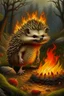 Placeholder: Scary wild hedgehog in Crocs, witches pants, mohawk, clearing, trees, fire in the background, realistic