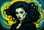 Placeholder: create a disturbing oil painting of a dark haired, savage, gothpunk vampire girl with highly detailed , sharply defined hair and facial features set against a swirling chaotic background, in the style of Vincent van Gogh