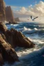 Placeholder: Generate an image of a serene coastal scene with a group of seabirds resting on rocky cliffs overlooking the ocean. Capture the birds in various states, some in flight, some perched, and others gliding above the waves. Highlight the rugged coastal landscape and the interplay of light and shadow.