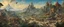 Placeholder: many flock of magnificent sky-beasts fly in the far distant sky. A busy outdoor surrealist market in the foreground of a beautiful surreal outdoor countryside summer scene, with hills & fields, intricate dwellings, many pathways & stairways, streams, waterfalls, & a waterwheel : in the style of Salvador Dali & Hieronymus Bosch, very high detail, photorealistic, epic cinematic, 8K, Large depth of field