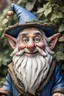 Placeholder: A close up view of an old smiling gnome showing detailed wrinkles ,largish nose , full round cheeks, nice welcoming blue eyes, old scraggly long white beard with largish pointed ears , wearing a big old pointed hat just covering the tops of his ears dressed in an old long cloak to match his hat , standing with a few bushes around him but only his upper torso in the picture with a misty forest background behind with the trees barely visible.