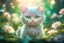 Placeholder: diaphanous colorful transparent light cute chibi anime cat with glowing center on green leaves and flowers, ethereal, otherwordly, cinematic postprocessing, bokeh, dof