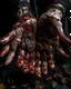 Placeholder: a woman's palms of her hands with dried and caked on blood all over them