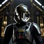 Placeholder: star wars bald male corellian pilot wearing gunmetal grey and black First Order TIE pilot armored flightsuit and helmet with gold trim inside the jedi temple, centered head and shoulders portrait, hyperdetailed, dynamic lighting, hyperdetailed background, 8k resolution, volumetric lighting, light skin, fully symmetric details