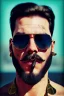 Placeholder: Artistic photo in the audacious style of Jill Greenberg, of man with a luxurious and striking style, abundance of jewelry, oversized square one-piece sunglasses,black beard, prints, extravagant, baroque scene , impasto style with thick textured strokes