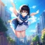 Placeholder: Clear focus,High resolution, Black short fluffy hair, and blue eyes, wearing a sailor uiform, smiling, jumping, hands in air, short skirt