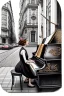 Placeholder: One single mature cat lady playing piano on the street, Vienna, friendly, model style, hyper realistic, extremely accurate, delicate, extremely detailed, Graphic novel style, wide-angle, open aperture, superfine pencil