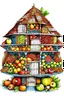 Placeholder: an outline art, a house made from woven fruit baskets, with each room featuring a different type of magical fruit, angle full view, no cut parts, clear line art, white background, no shadows, no tones color, no detailed artwork, clear and well outlined.