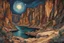 Placeholder: Painting of a mythical desert canyon paradise with towering sandstone cliffs, beneath a star strewn summer night sky, in the Expressionist style of Egon Schiele, Oskar Kokoschka, and Franz Marc, in muted natural colors