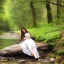 Placeholder: a beautiful woman in a dress laying down by a creek in a fantasy forest