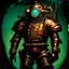 Placeholder: 90's TCG art retro scifi art of a steampunk diver with big armor