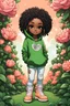 Placeholder: Create an colorful psychedelic comic book illustration of a chibi cartoon black female thick curvy wearing a cut of green and peach hoodie and white jeans and timberland boots. Prominent make up with long lashes and hazel eyes. Highly detailed shiny sister locs. Background of a large peach and green magnolia flowers all around her