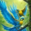 Placeholder: a detailed illustration of a yellow and blue phoenix sitting on a branch of a tree, phoenix bird wallpaper, luminescent body, glinting wings, full body, symmetrical body, realistic, glowing wings, sharp focus, meticulously detailed, soft evening sky, 64k