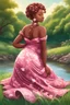 Placeholder: An airbrushed illustration of a curvy black cartoon woman sitting relaxed on a sunny riverbank, lush green grass surrounding her. Facing left in profile, she has flowing chestnut hair styled in an elaborate braided twist. complementing the pink floral maxi dress wrapped snugly around her exaggerated curves. One hand touches her cheek lightly as she looks to the distance, brown eyes enhanced by long lashes and purple eyeshadow. Bold brown lips match the brown flowers on her dress