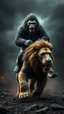 Placeholder: A gorilla riding a running fast lion, a hyper details texturing of fullbody the skin realistic textures skin of lion .complex details, extremely, ultra rendering, it is standing admist darkness realms floors with stormy cloudy weather,
