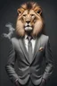 Placeholder: Lion dressed in an elegant suit, standing as a leader, smoking a cigarette. Fashion portrait of an anthropomorphic animal, feline, lion, posing with a charismatic human attitude