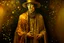 Placeholder: beautiful painting of a extremely handsome man in a golden cape and yellow hat, with multiple eyes on his body in the style of Gustav Klimt. full body portrait features geometric shapes, beautiful colors, golden light, and a dark background. the composition is beautiful, with sharp focus and high resolution.
