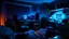 Placeholder: Dimly lit night time gaming room, with a messy bed and a single desk with a gaming PC, two monitors on the desk, gaming chair, bed is in the background under a window, the room is filled with neonlights, night time, atmospheric, detailed.